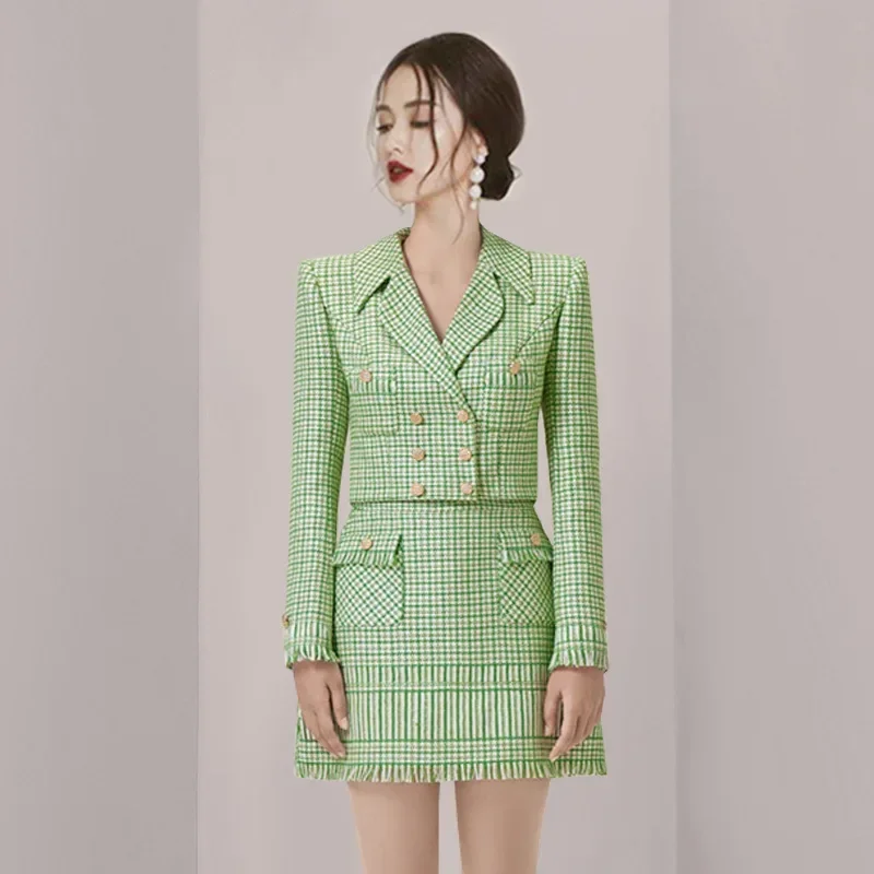 Green Plaid Women Suits 2 Piece Blazer+Skirt Elegant Formal Office Lady Business Work Wear Fashion Girl Coat Prom Dress