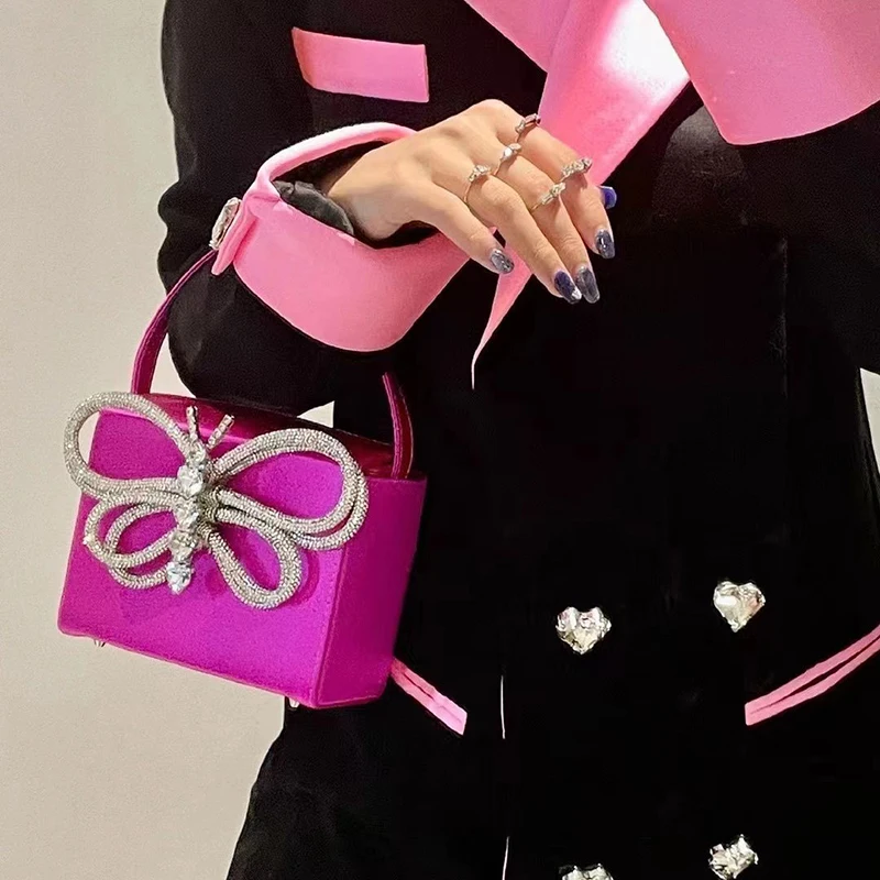 Ladies' new satin small square bag fashionable butterfly inlaid diamond gift box bag super sparkling retro full diamond handbag view 6