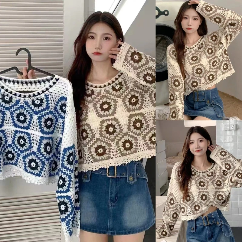 Sweter Rajut Berongga Lengan Panjang Crewneck Wanita Atasan Jumper Pullover Longgar Kasual Solid