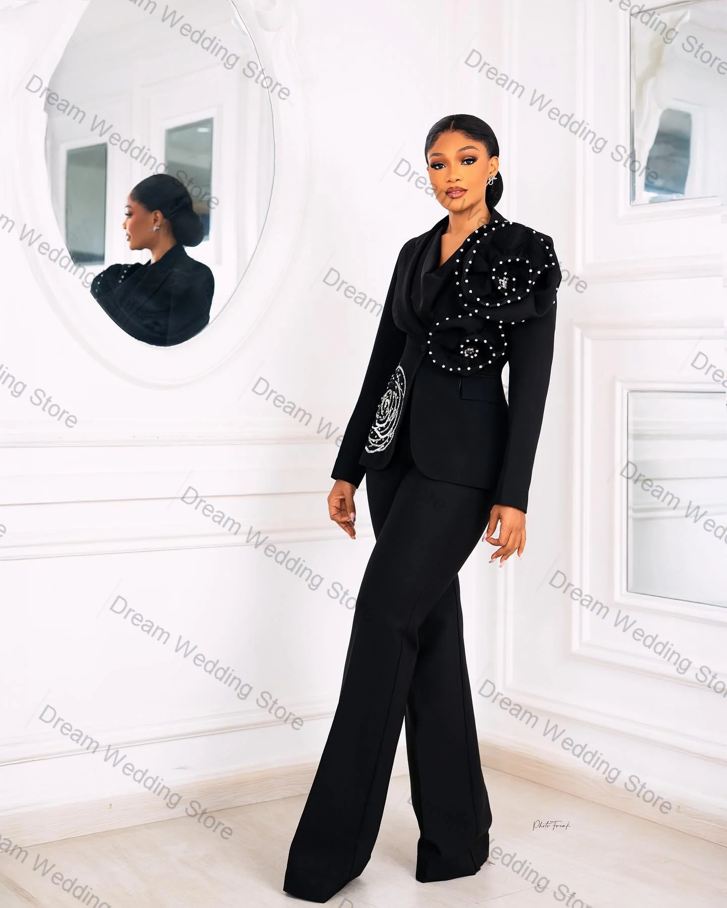 

Black Women Suit Set 2 Pcs Blazer+Pants Crystals 3D Flower Formal Office Lady Jacket Customized Summer Wedding Prom Coat