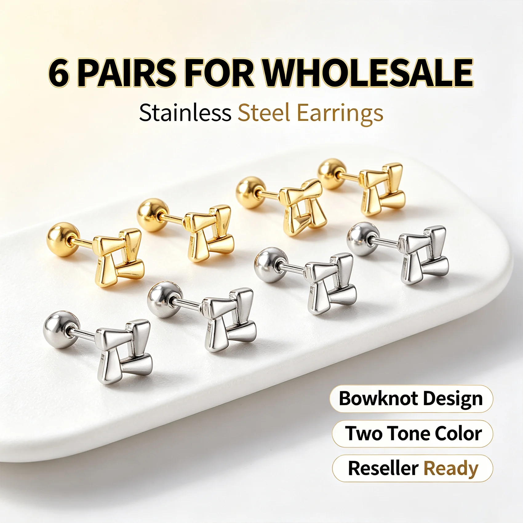 Bulk Lots 6Pairs Stainless Steel Gold  Cube Building Block Earrings Screw Back Geometric Studs Wholesale For Small Businesss