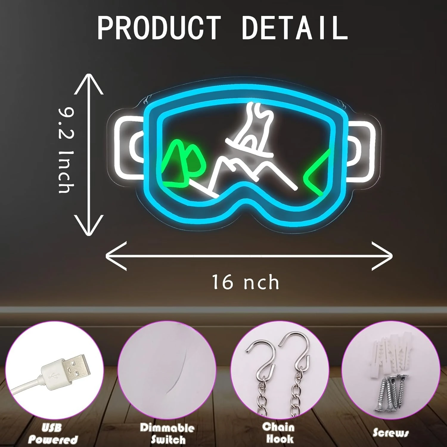 نظارات التزلج النيون USB عكس الضوء LED ضوء النيون تسجيل لشرب بار رجل كهف غرفة نوم فندق متجر لعبة غرفة ديكور جدران الطرف