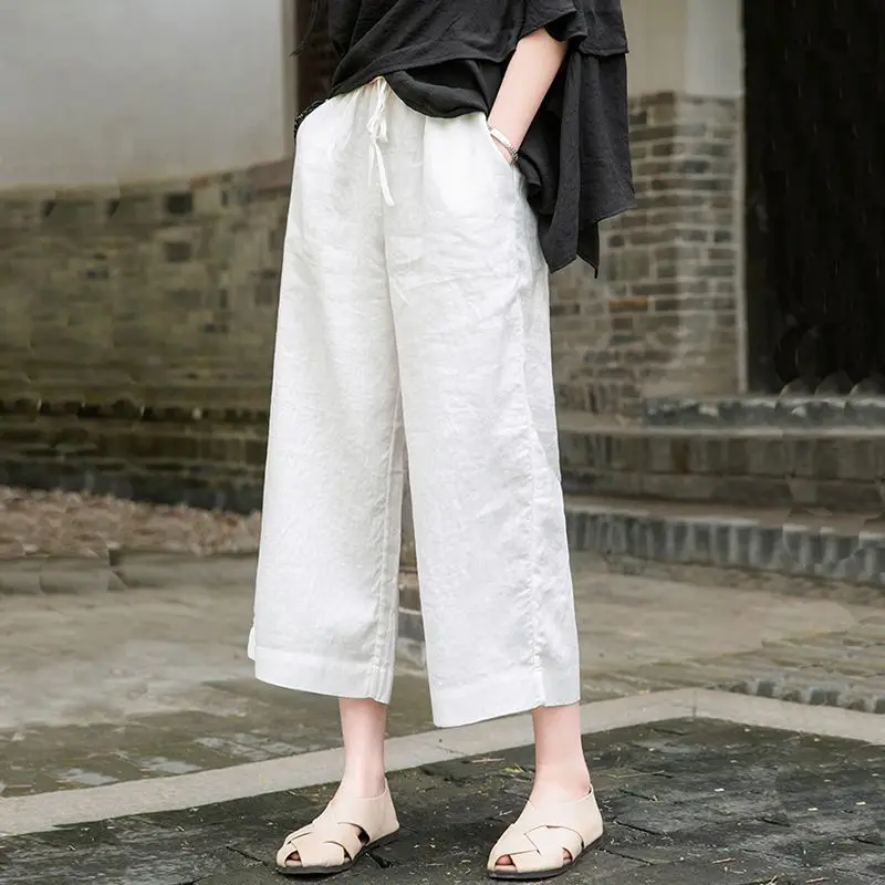 Letnie, luźne, lniane spodnie vintage z wysokim stanem