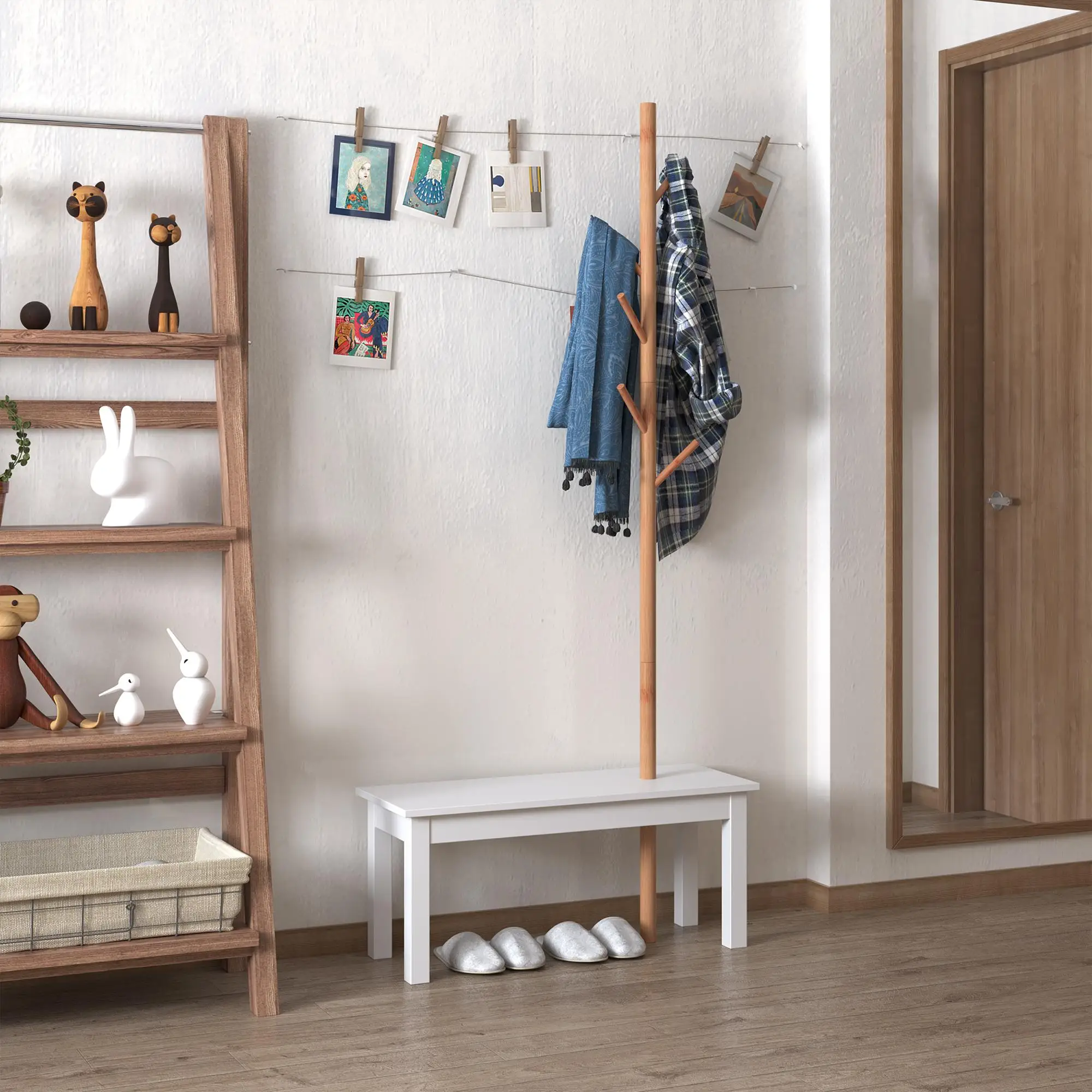 Porte-manteau avec banc 180 cm en bambou MDF 6 crochets blanc pour entrée/hall