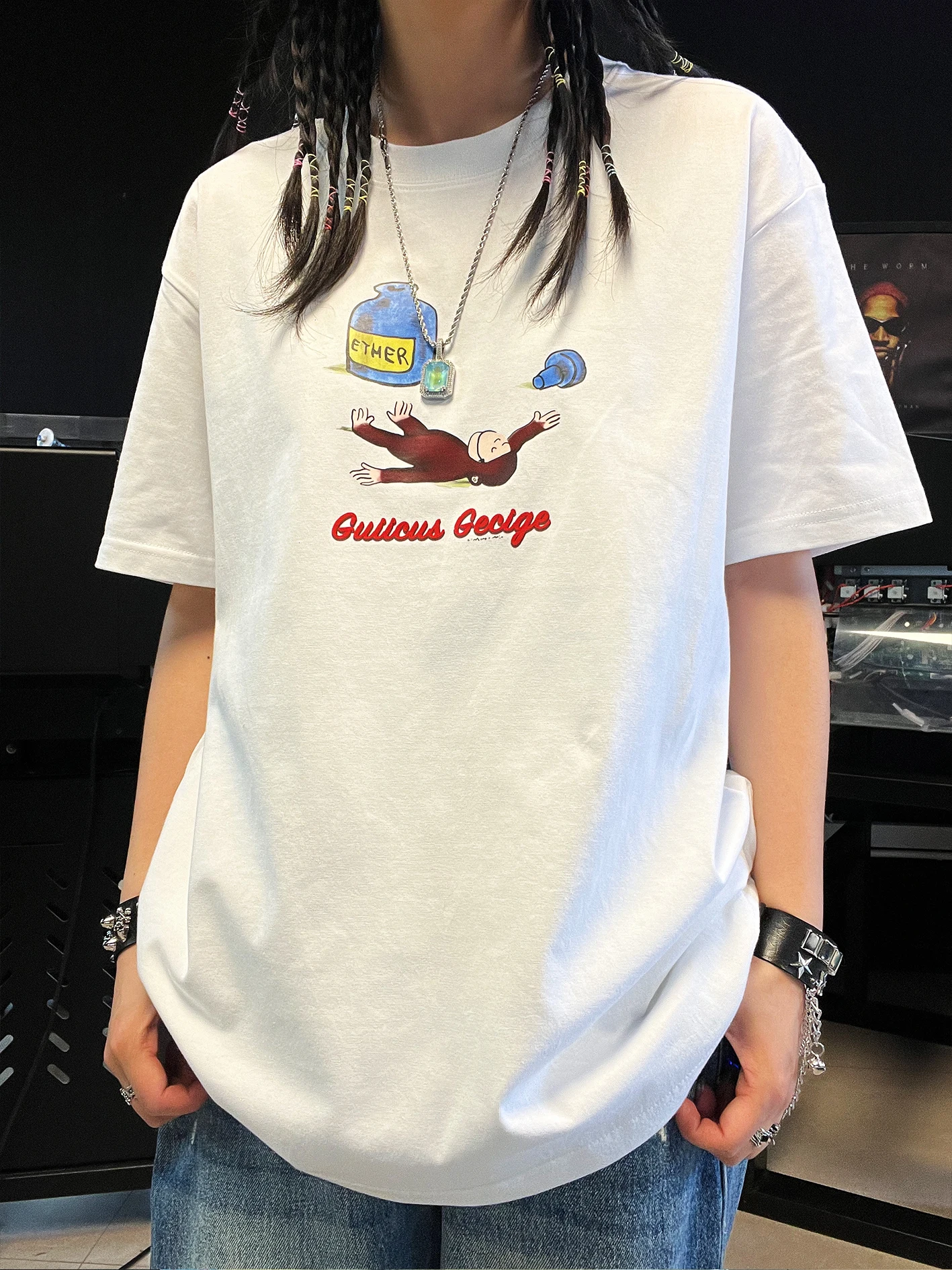 Heavyweight 260G Cartoon Illustration Story Sense Short Sleeve T-Shirt Student round Neck Loose Simple Cotton Blend Summer Top