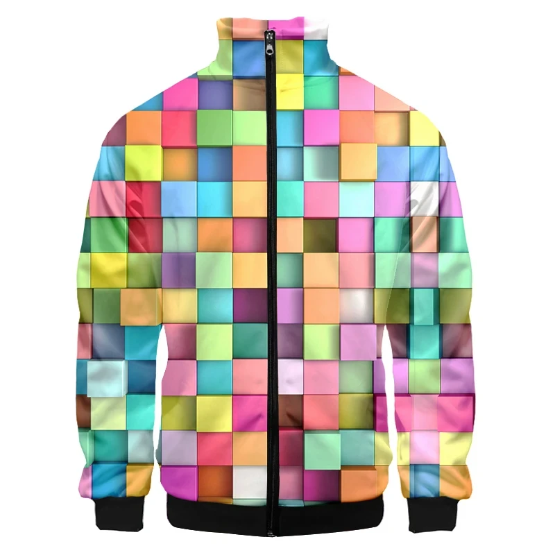 New Fashion High Quality Square Grid Colours Print Men's Zip Up Jacket Casual Long Sleeve Streetwear Loose Kids Graphic Jacket