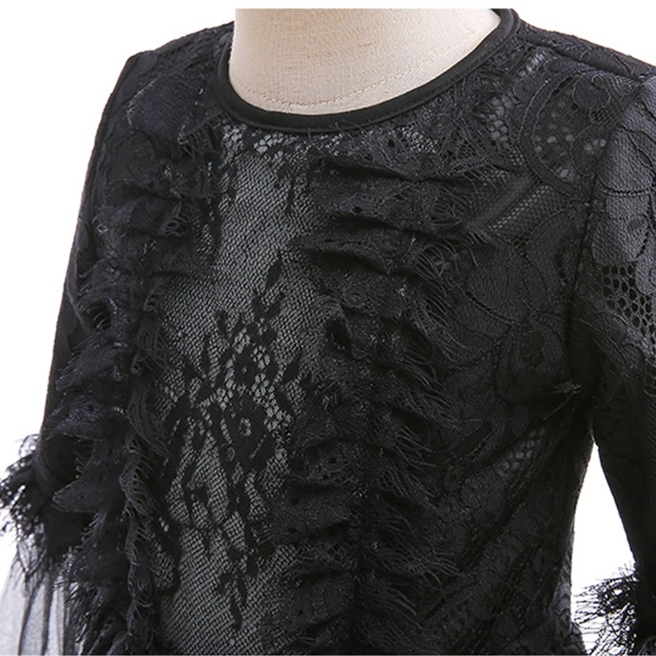 Girl Witch Dress Kids Long Sleeve Black Lace Gown Halloween Party Evil Role Playing Costume Carnival Cosplay Outfits