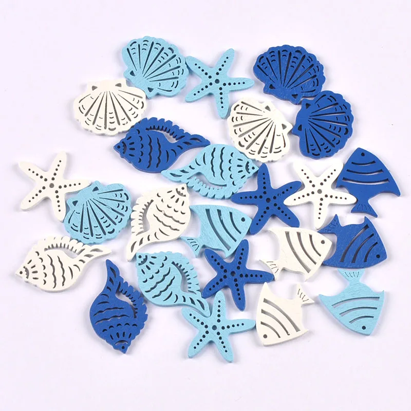 25 sztuk 3cm Mix seria oceaniczna niebieskie plastry drewna rzemiosło Scrapbooking niedokończone drewniane ozdoby DIY dekoracja wnętrz ozdoby