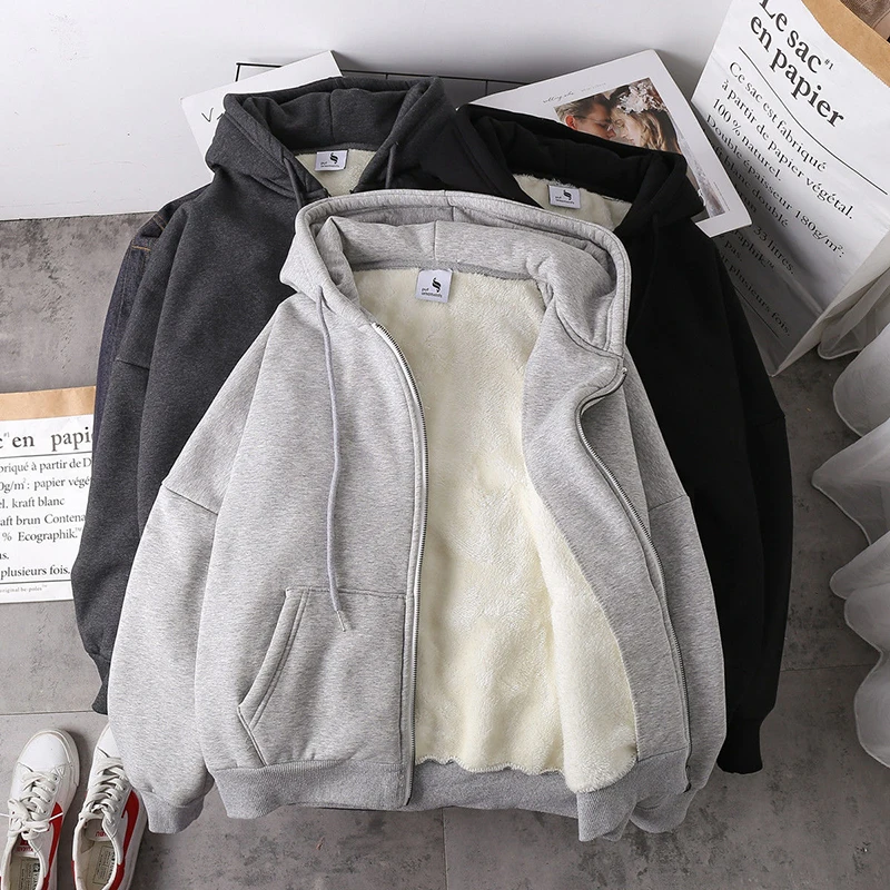 Herbst Winter Lamm wolle Fleece lose plus Größen dicken Reiß verschluss weibliches Sweatshirt grau schwarz warme Jacke Frauen solide Hoodies Mantel