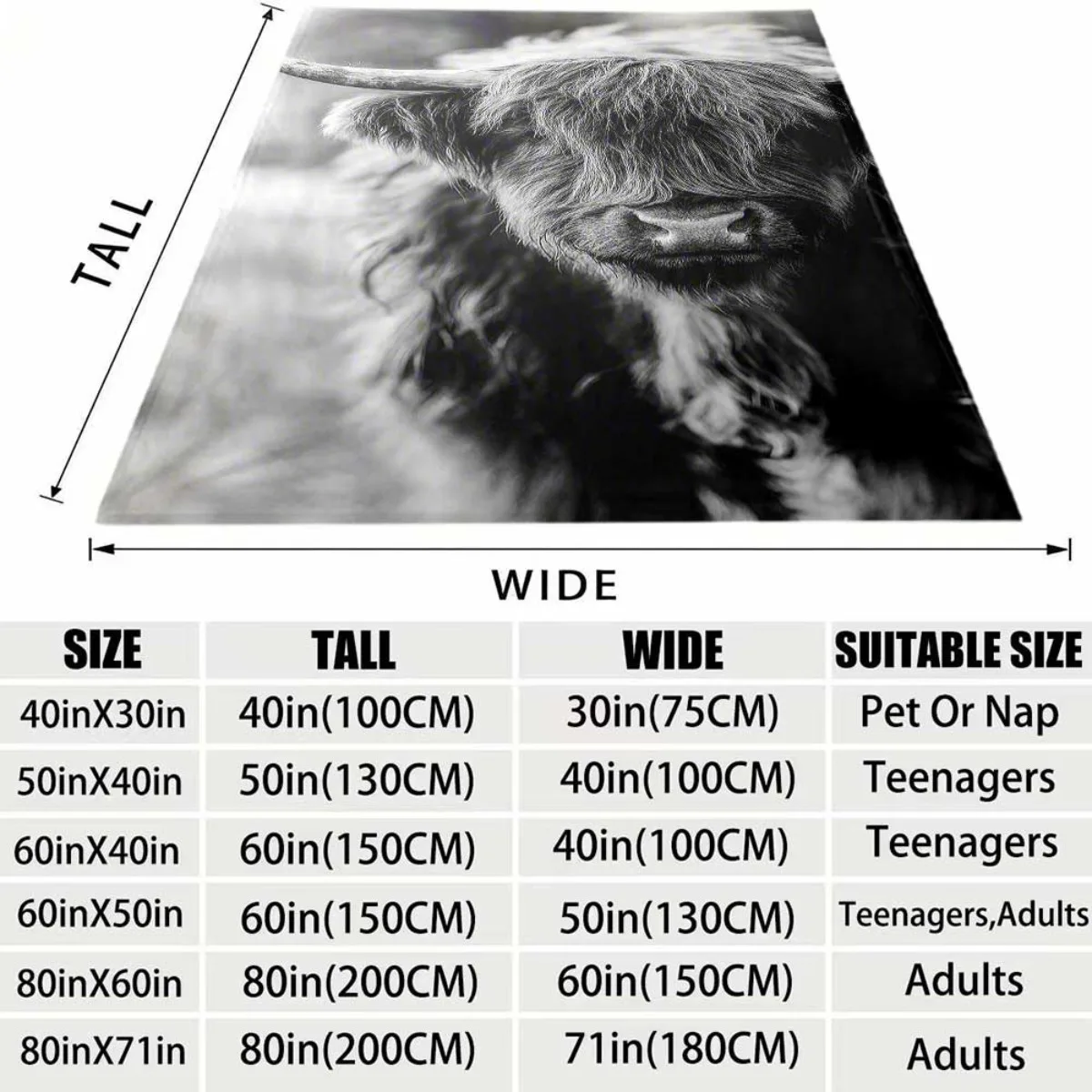 Vintage Monochrome Fluffy Highland Cow Close Up Flannel Throw Blanket, Warm Cozy Blanket, Western Farm Style Bedroom Decor Gift