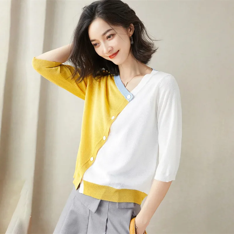 

Spring Summer Patchwork Shirt 2025 New V-Neck Loose Women's Clothes Top CONTRAST COLOR Fashion Single-Breasted Female Blouse