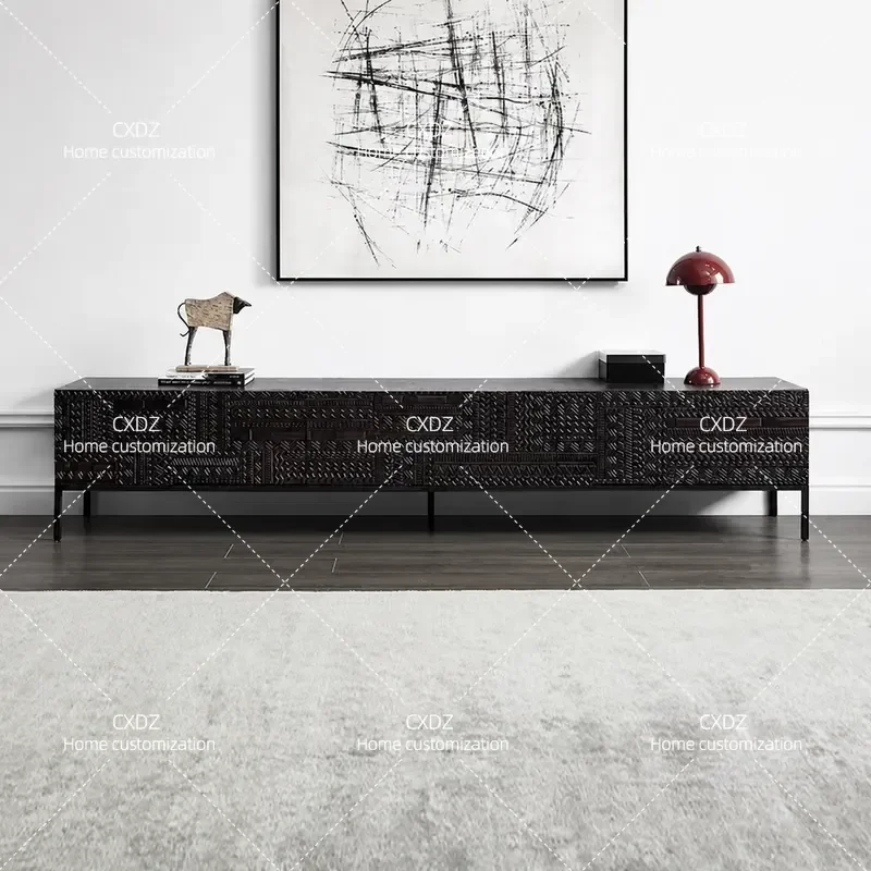 Nordic Modern Belgian Style TV Cabinet Carved Floor Standing Unit Black Solid Wood Coffee Table and TV Stand Combination