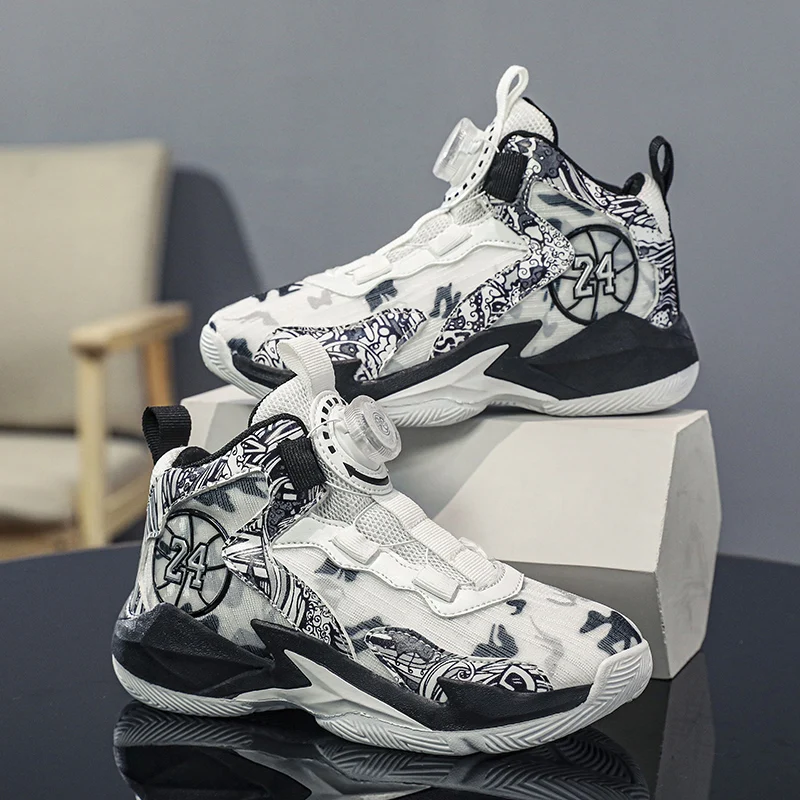 

Детская спортивная обувь, камуфляжные кожаные баскетбольные кроссовки на плоской подошве, дышащая амортизирующая защита лодыжки, практичные баскетбольные ботинки