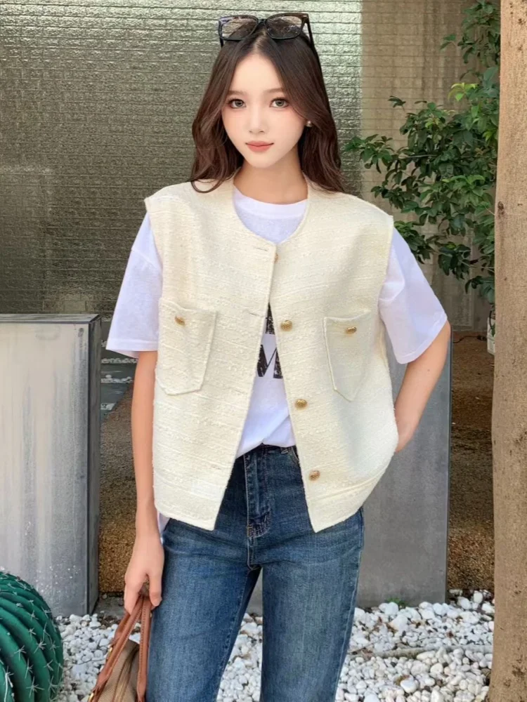

SMTHMA Fall Hot Sale Women's Fashion Casual Tweed Vest Women's Single Breasted Decorated Seeveless Woolen Top