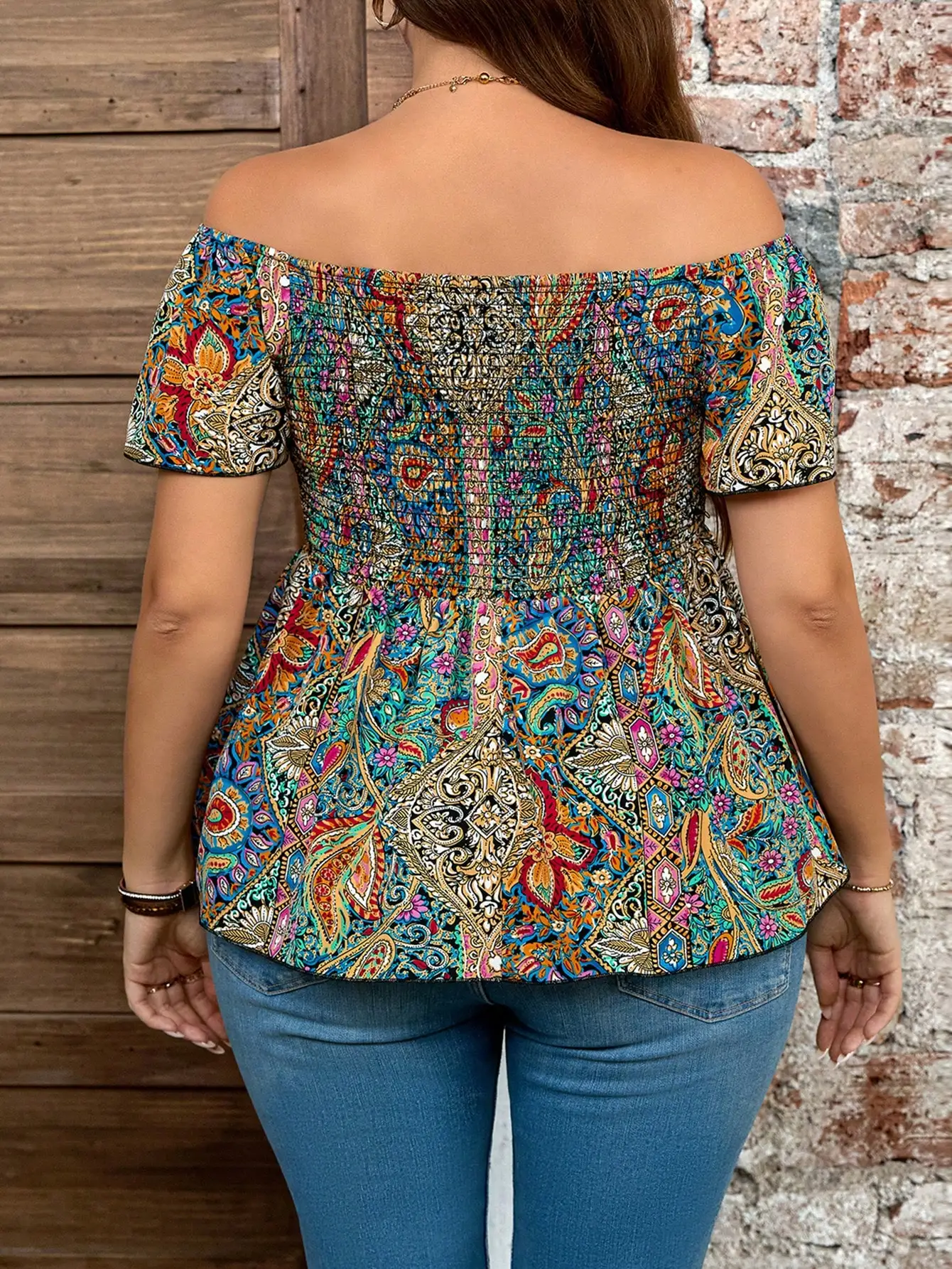 

Топ с открытыми плечами, короткими рукавами и цветочным принтом, с пэплумом, на резинке, женский, повседневный, летний