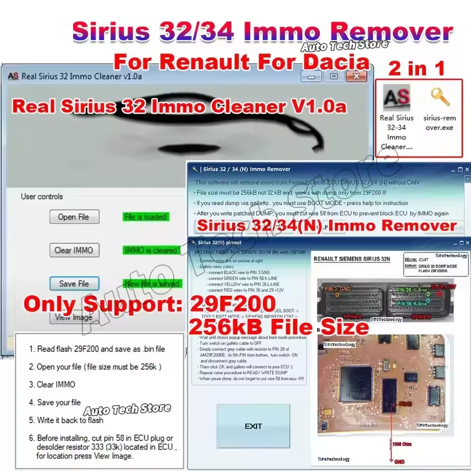 For Re-na-ult for Dacia Real Sirius 32 Immo Cleaner V1.0a Sirius 32/34(N) Immo Remover 2 in 1 Software Support 29F200 256KB File