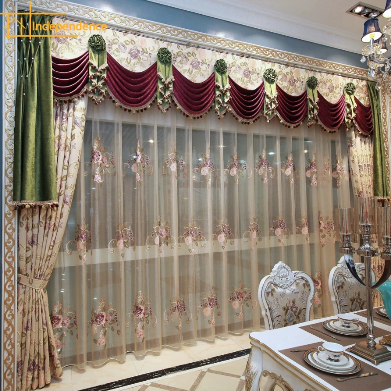 European Style Palace Beige Jacquard Splicing Curtains for Living Room Bedroom Balcony Customized Partition Curtains Valance