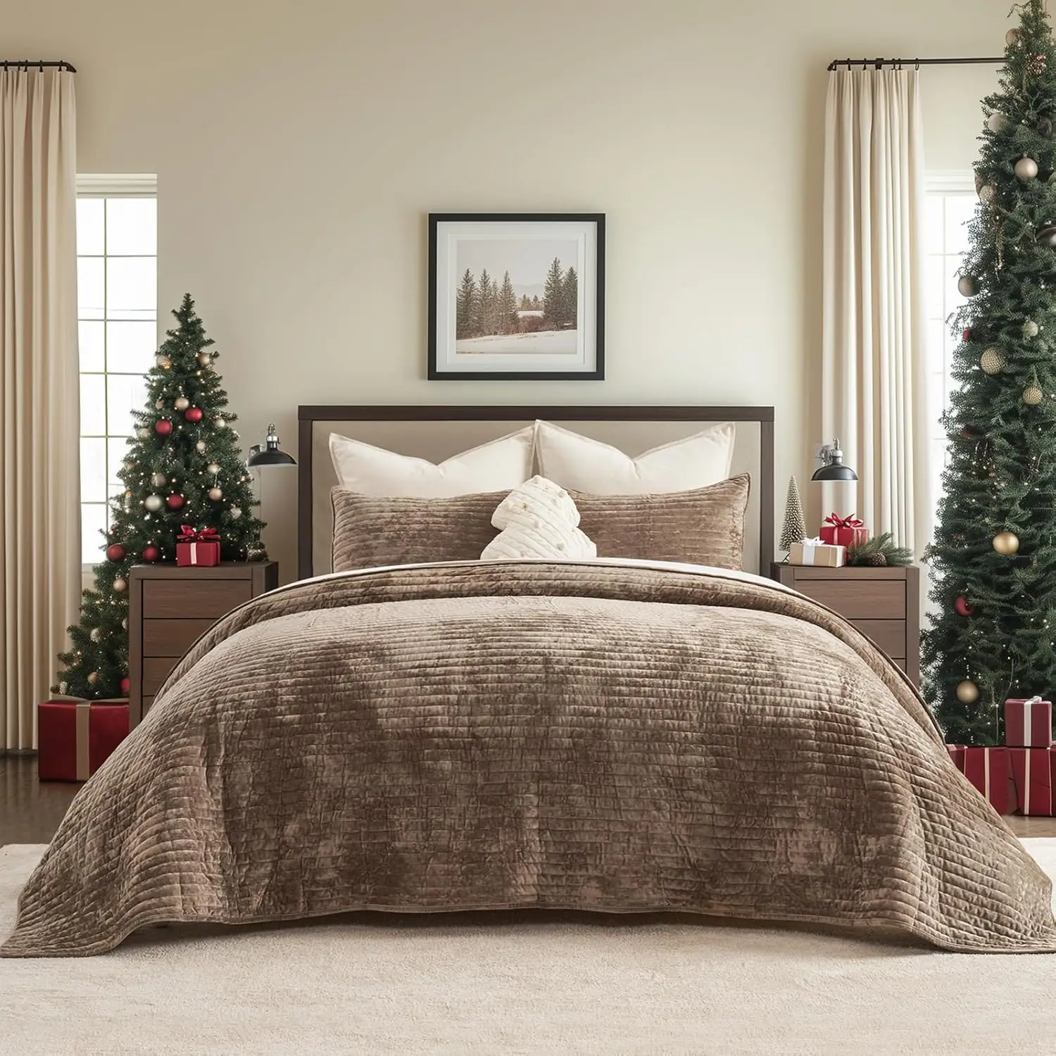 

Бархатный комплект одеял King Size, роскошное постельное белье в мягкую полоску с двумя шамами, всесезонный мокко-коричневый