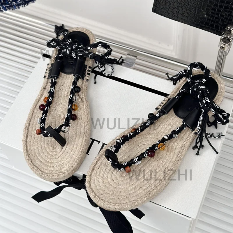 

Rope Braided Flats Roman Open Summer Wrap Strap Black Tassel Sandals Round Sporty Weave Brown Leather Bordered Patchwork Shoes