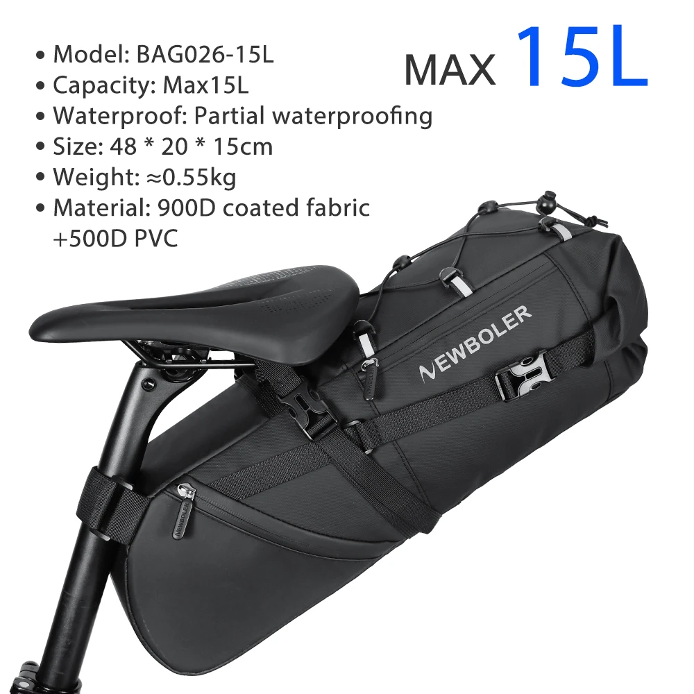 NEWBOLER Fietszadeltas Waterdichte MTB Wegfiets 10L Grote Capaciteit Fietstas Opvouwbare Staart Achtertas Kofferbak Accessoires