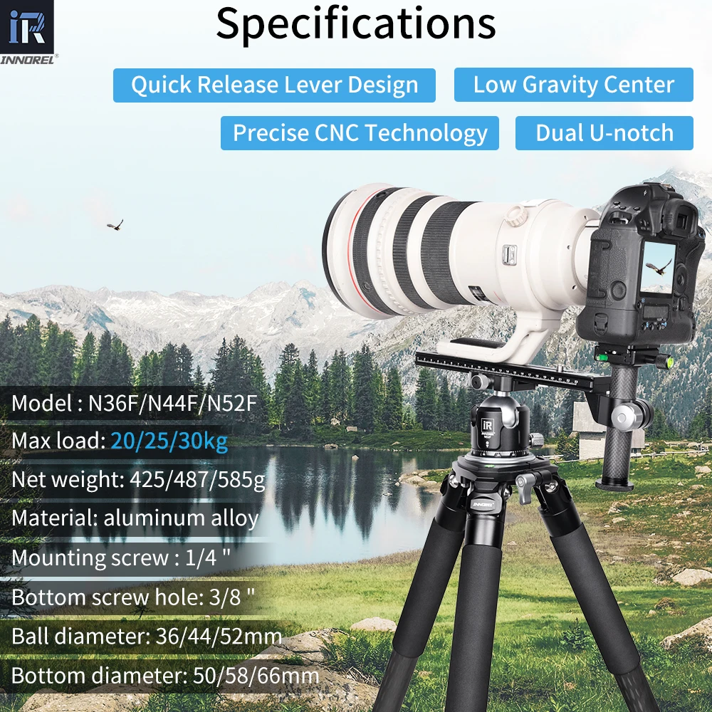 INNOREL N52F/N44F/N36F Quick Locking Low Profile Tripod Ball Head, Fast Lever Release, with 2 Plates for Monopod DSLR Camcorder