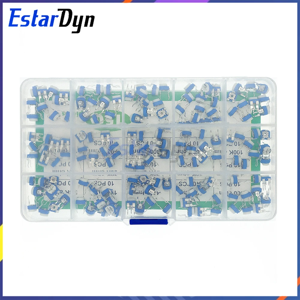 RM065 Комплект потенциометра обрезки 150 шт. 15 значений Ассортимент переменных резисторов с коробкой для ремонта электроники своими руками