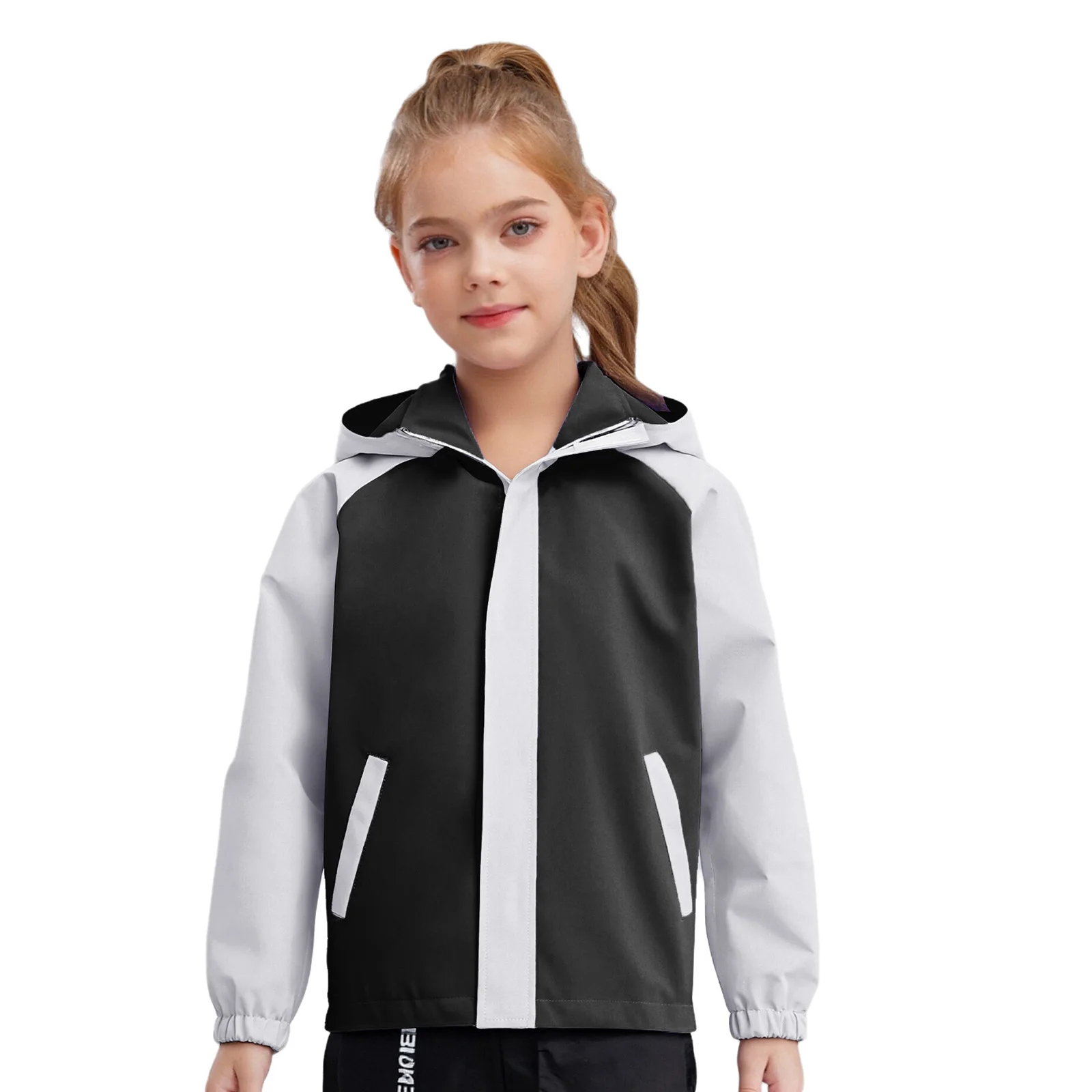 

Kids Boys Girls Water Resistant Hooded Jacket Long Sleeve Stand Collar Zipper Color Block Coat with Pockets Casual Outerwear