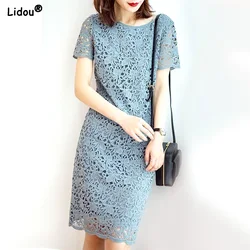 Knee Skirts Skinny Temperament Round Neck Short Sleeve Hollow Out Solid Dignified Dresses Elegant Casual Women's Clothing 2023