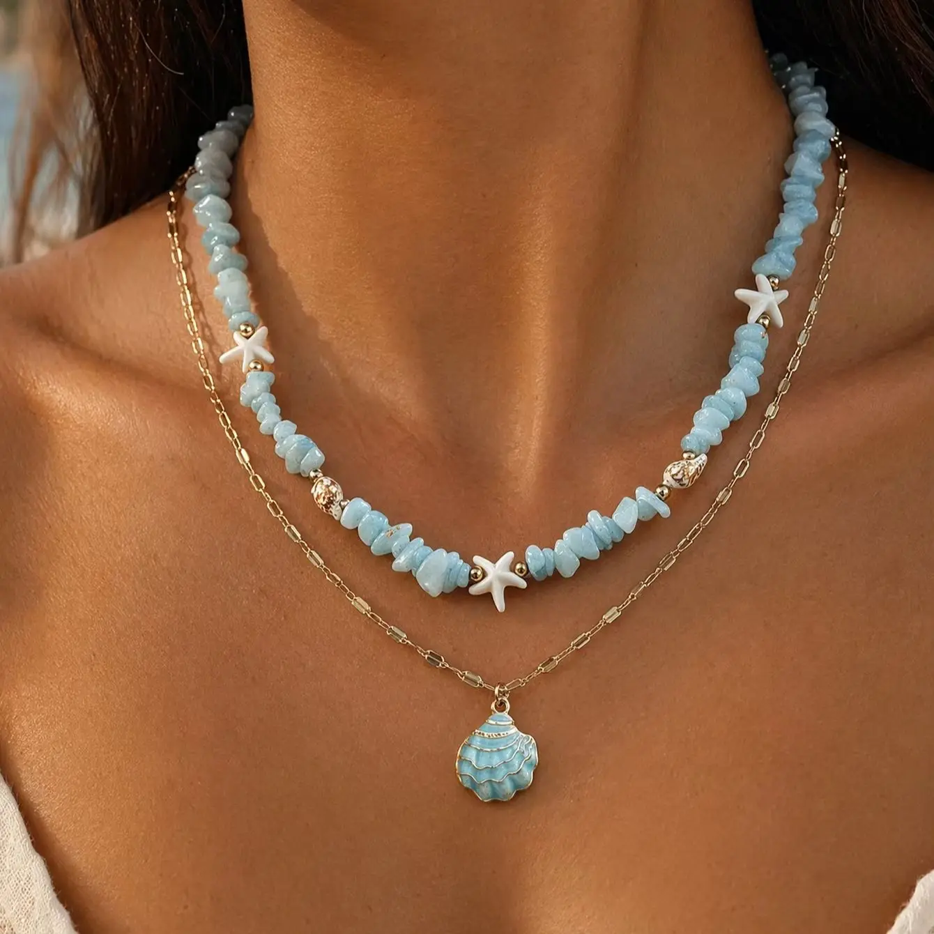 Boho 2‑Layer Stacked Necklace Blue Chip Stone Starfish Seashell Pendant Adjustable Summer Beach Vacation Women Neck Jewelry