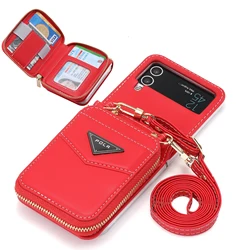 Lanyard Leather Zipper Wallet Purse Case for Samsung Z Flip 5 4 3 Flip5 Shoulder Strap Crossbody Card Solt Holder Pocket Cover