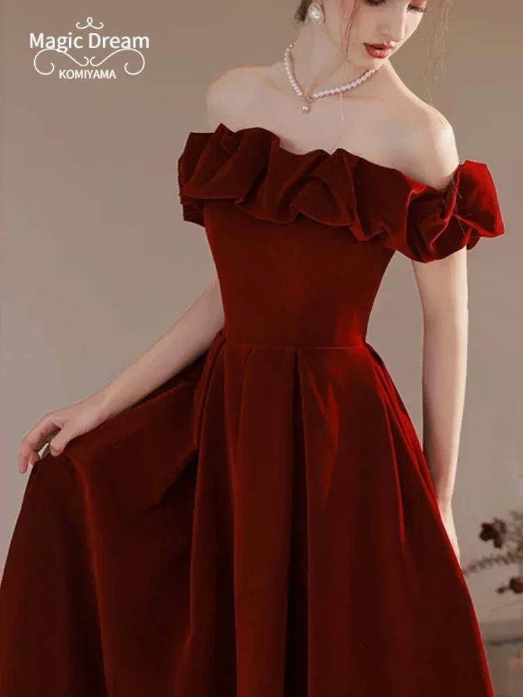 Elegant Temperment Shoulder Strapless Party Dresses Boat Neck Slim Waist Wedding Dresses Cross Lace Up Vintage Evenin