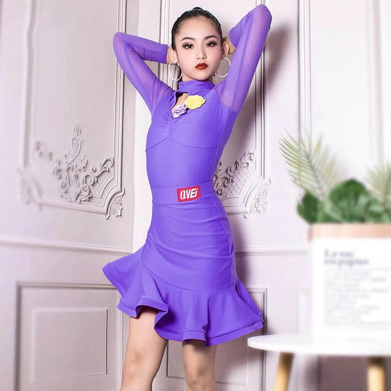 

Child Ballroom Dance Competition Clothes Girls Purple Long Sleeved Latin Dance Dress Performance Latin Dancing Dresses DWY9364