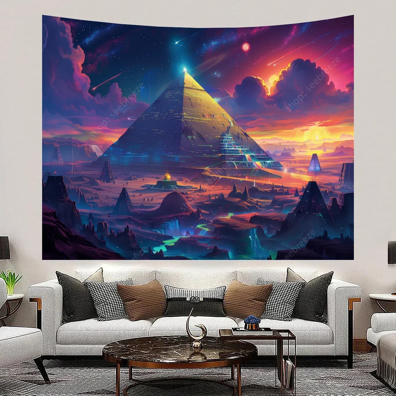 Futuristic Temple Atlantis Tapestry Shamanic Temple Tapestries Trippy Pyramid Art Neon Backdrop Sofa Blanket Yoga Mat Home Decor