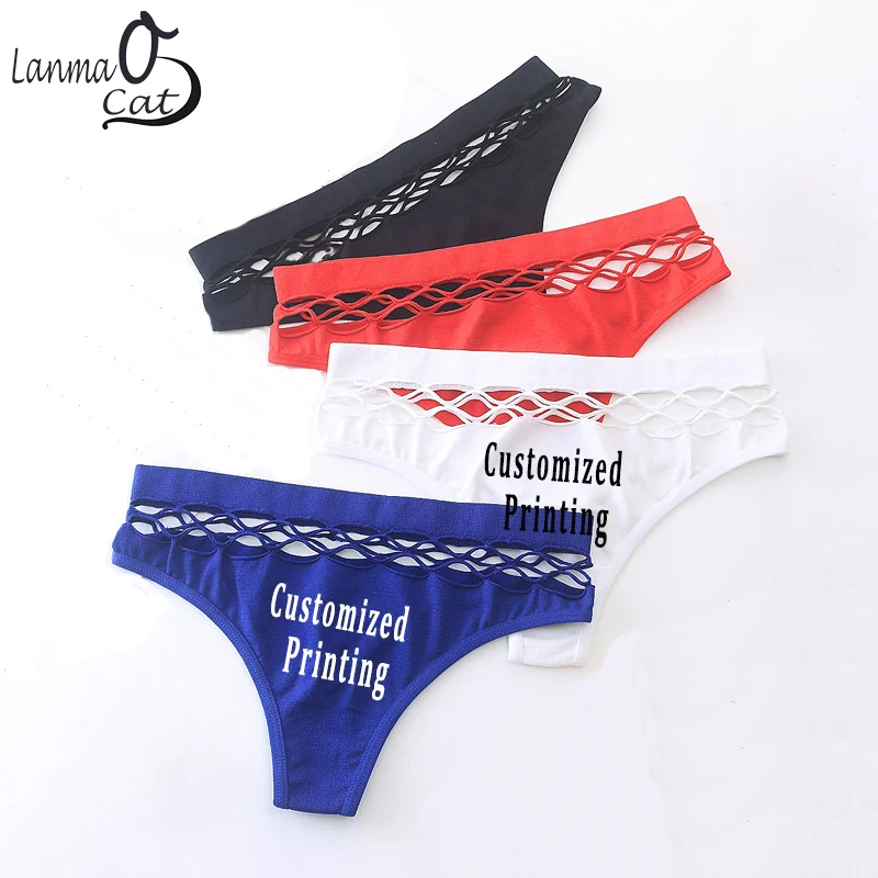 Customized Your Logo Thongs Underwewar Personalized Hollot Out Panties Lingerie Women Underwear  Thong G String Panty Soft