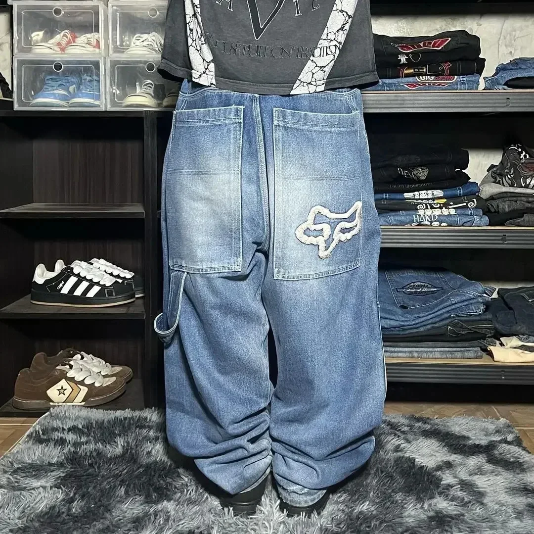 Y2k Simple Fashion Fox Logo Embroidery Blue Washed Jeans High Waisted Baggy Men Women Streetwear High Quality Casual CouplePants