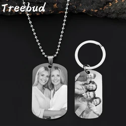 Treebud Custom Engraved Photo Necklace Stainless Steel Laser Engrave Name Date Picture Rectangle Keyrings for Women Men Jewelry
