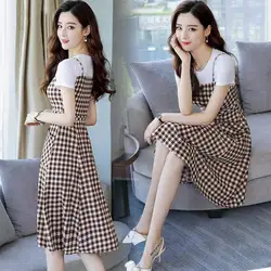 New Summer Plaid Dress Women Fake two Pieces Strap Plaid Dresses Short Sleeve Casual Slim Simple Vestido Mujer 4XL