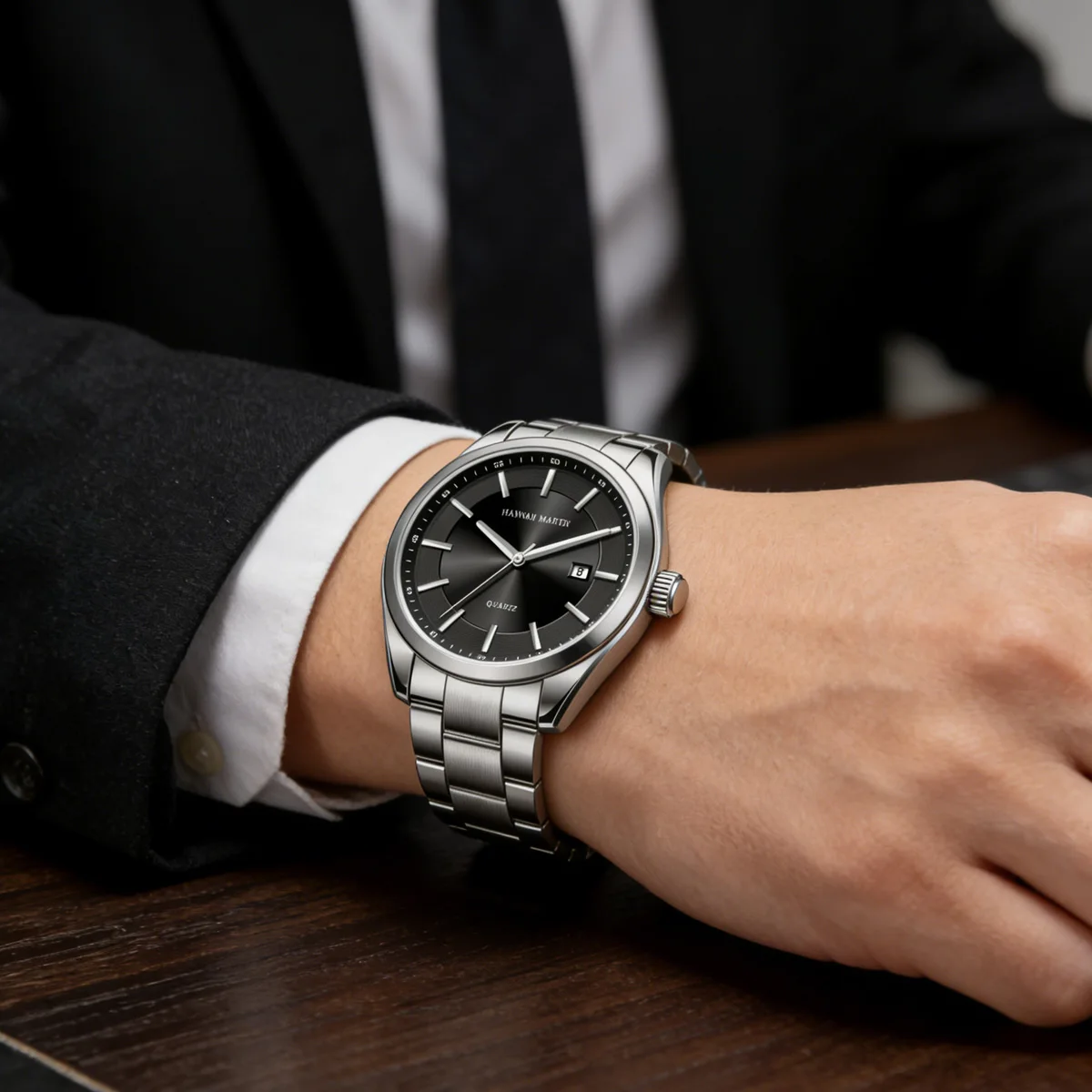Hannah Martin Brand Men Watch Japanese Movement 40mm Case Black Stainless Steel Strap Everyday Waterproof Business Meeting Watch