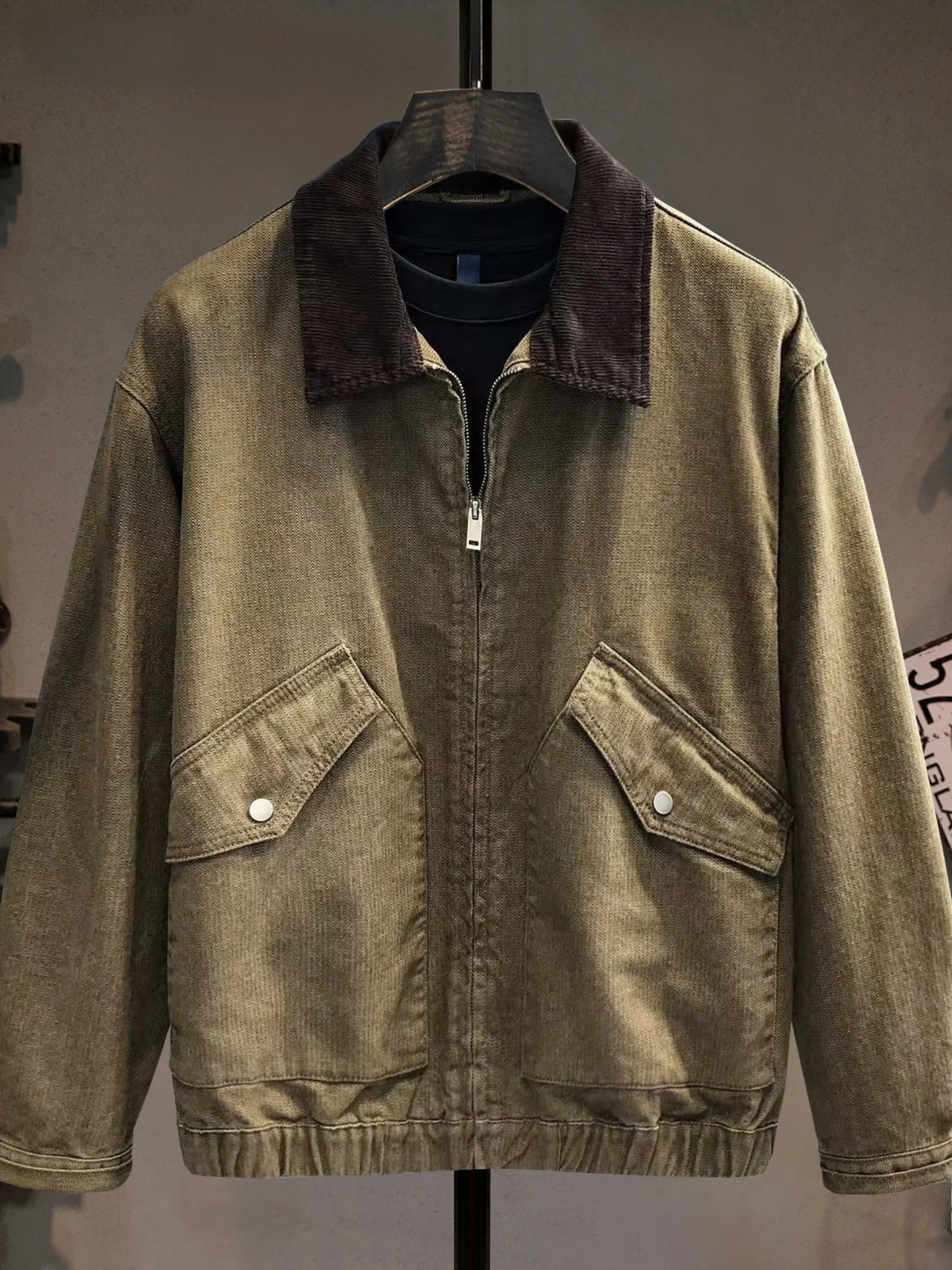 

Youth Versatile Brown Workwear Jaet Coat Men's New American Retro High End Waed Patchwork Collar Top Cotton Blend Fabric