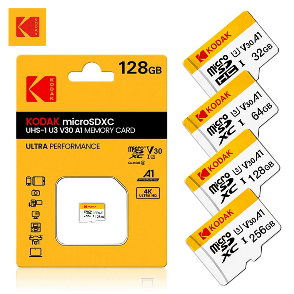 kodak-a1-u3-class-10-micro-sd-card-for-car-dashcam-monitoring-32gb-64gb-128gb-256gb-memory-tf-card-100mb-s-waterproof-shockproof