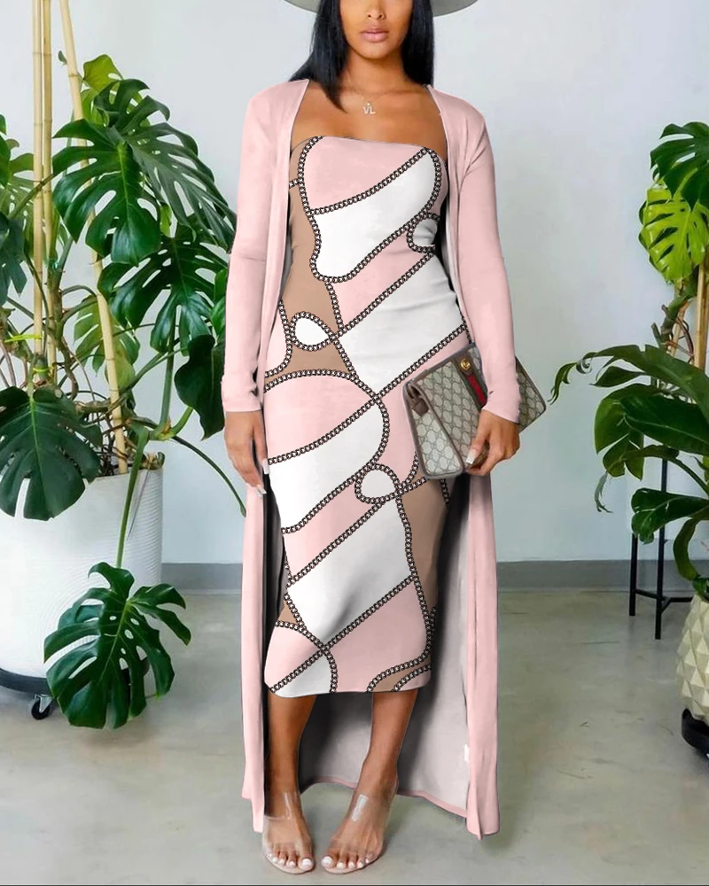 Scarf Print Tube Bodycon Dress With Longline Coat Sexy Bandeau Long Sleeve Mid-Calf Daily Skinny Pre-Fall Spring