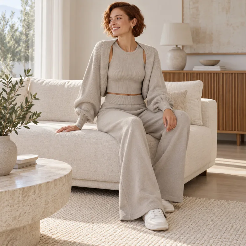 Women 3 Piece Knit Sweater Set Ribbed Halter Crop Top High Waist Wide Leg Pants Autumn Winter Casual Lounge Outfit Grey