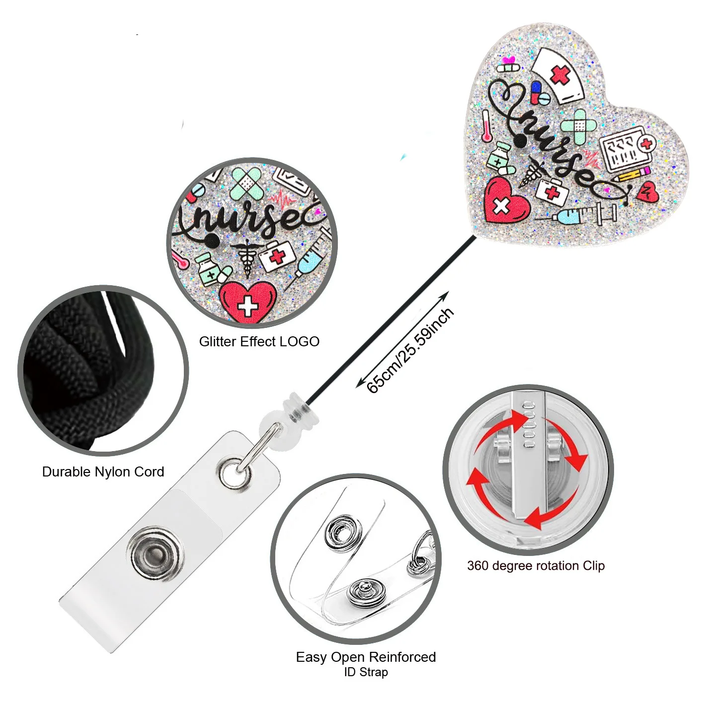 2025 New Design 1 Piece Glitter Acrylic Retractable Nurse Badge Reel Love Heart Anime Name Tag ID Card Holder Alligator Clip view 3