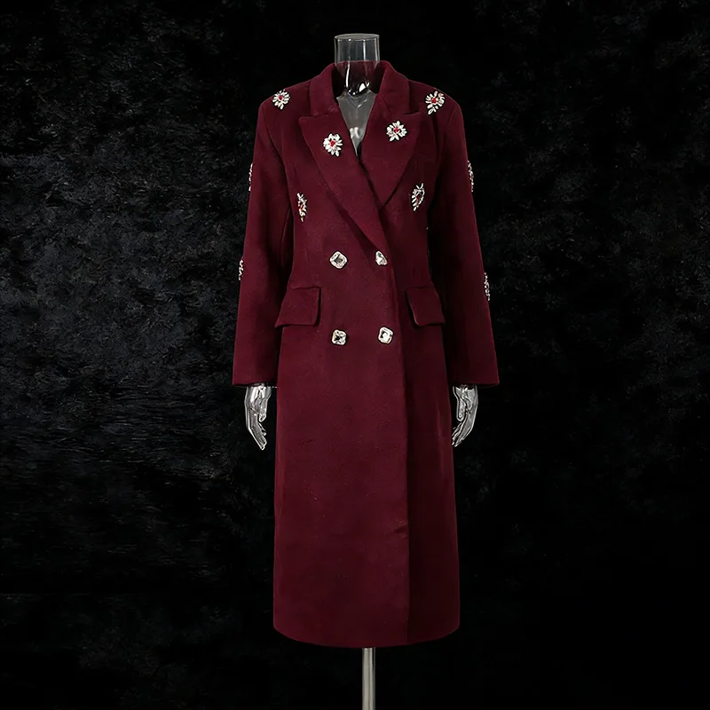ZAMOR HIGH STREET Women's Double Breasted Rhinestone Trench Coat 2026 New Oversized Long Sleeve French Vintage High-End Outerwea
