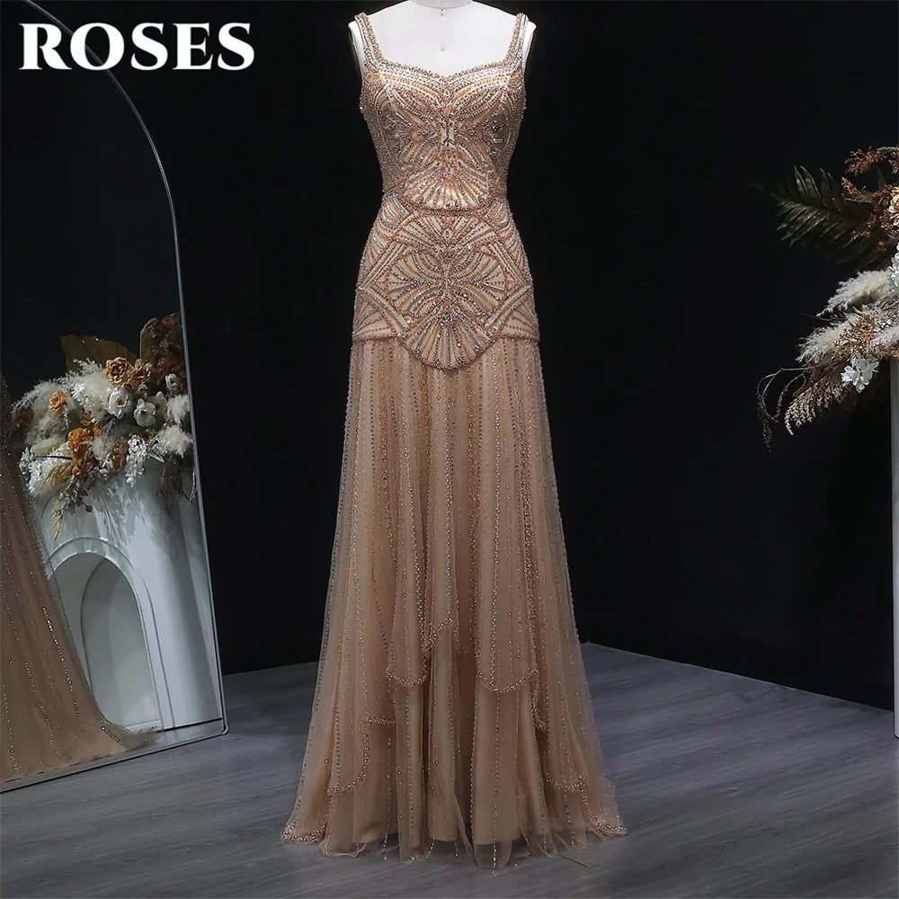 ROSES Champagne Prom Dresses Spaghetti Strap Sleeveless Evening Dresses Beading On Chest Party Dress Robe De Soirée Customized