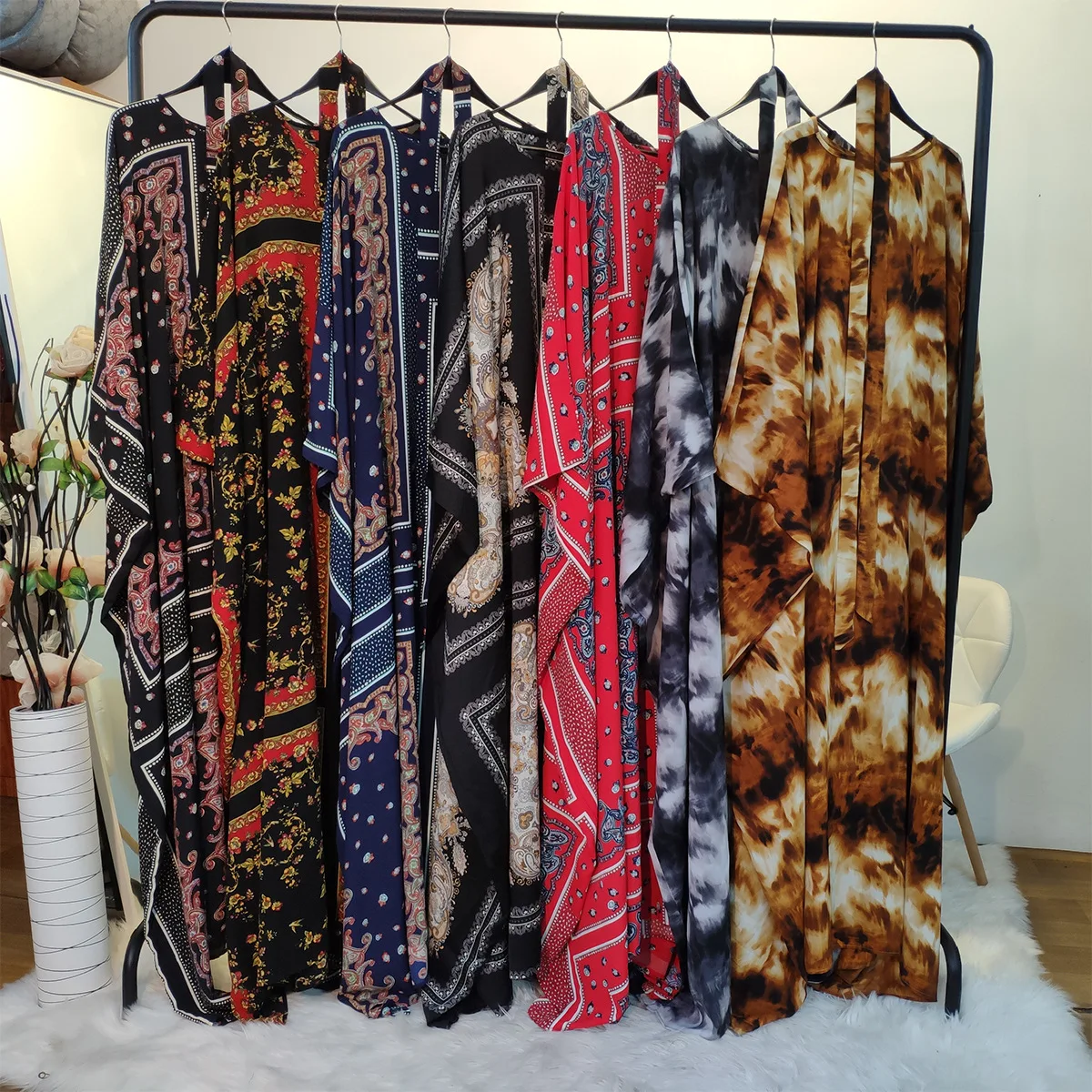 Manica a pipistrello Abito lungo di grandi dimensioni Musulmano Dubai Abaya Stampa floreale Eleganza Islam Abbigliamento Abiti per le donne Vestido Longo Feminino