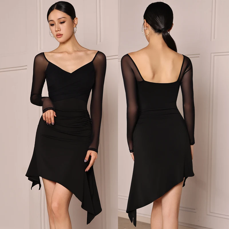 

Платье для латинских танцев с длинным рукавом и v-образным вырезом, одежда для танцев, женский костюм, платье для вальса, костюм для латинских танцев