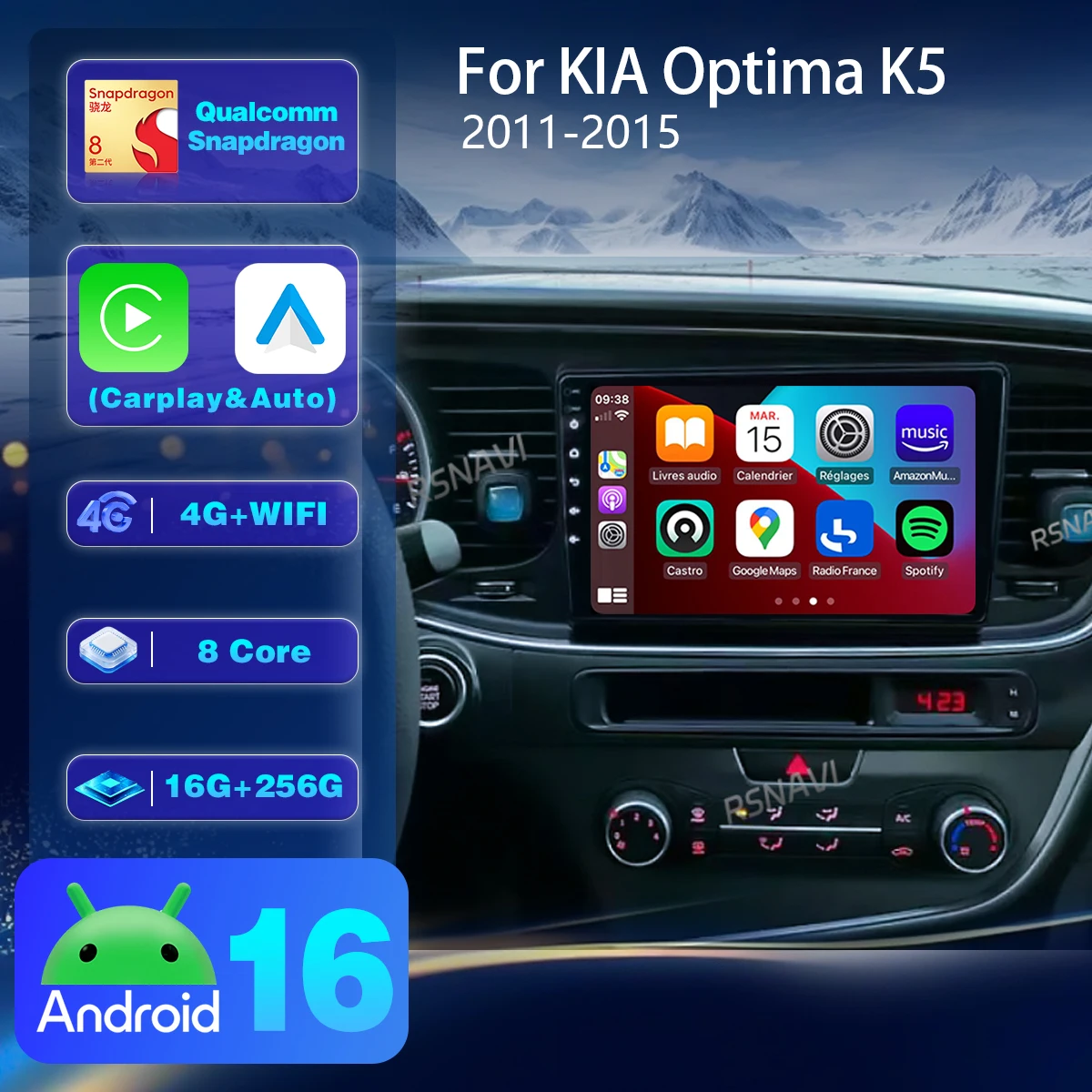 Android 16 For KIA Optima K5 2013 - 2015 Carplay Auto 2K Screen Car Radio Snapdragon Multimedia Player Autoradio GPS Stereo