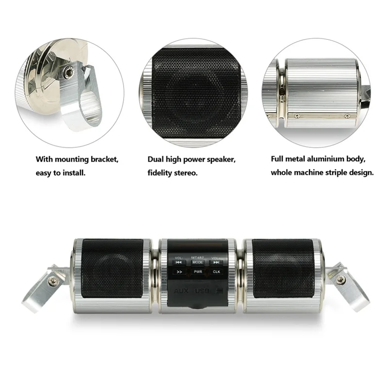 ABSQ-مكبر صوت ستيريو للدراجات النارية Fmradio مكبر صوت بلوتوث USB تركيب الدراجة النارية سكوتر دراجة سوداء