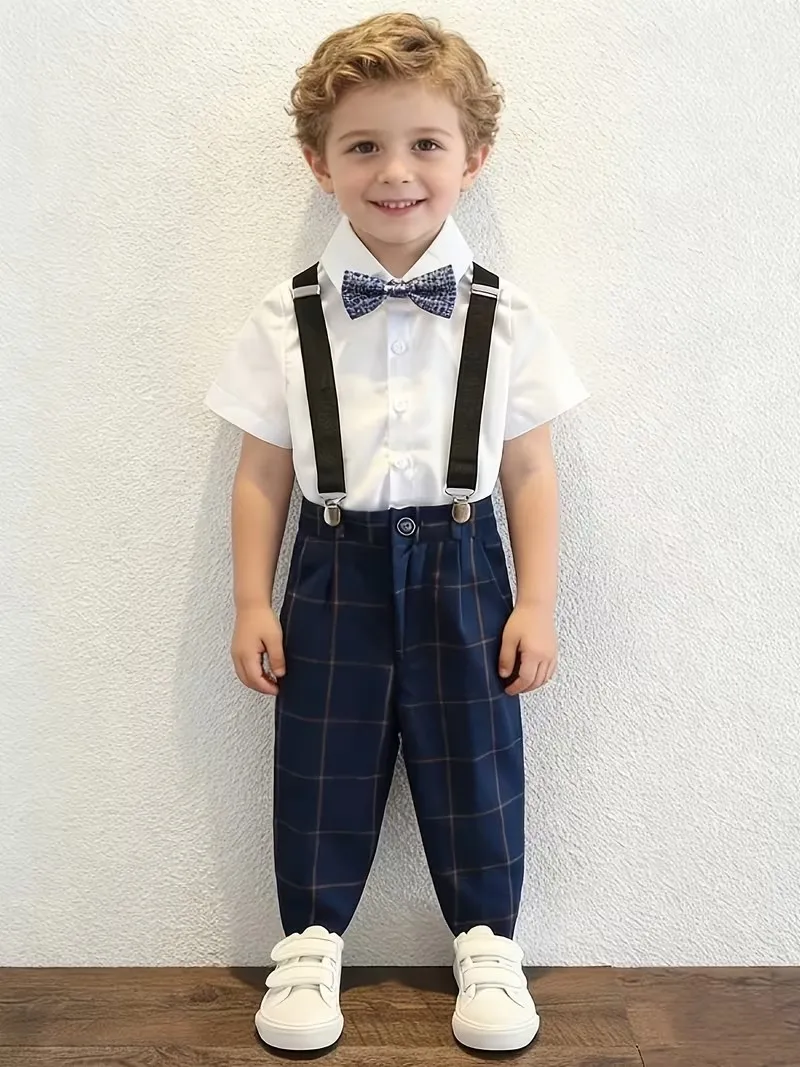 90-170 Teenager Boys Summer 4Pieces/Set Shirt Pants Strap Bowtie Suit Children Photography Dress Kids Wedding Birthday Outfit